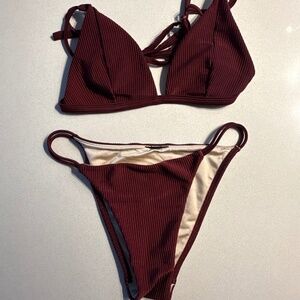 Ribbed Bordeaux/Red/Brown High Waist Triangle Top Bikini Set – Size S/M